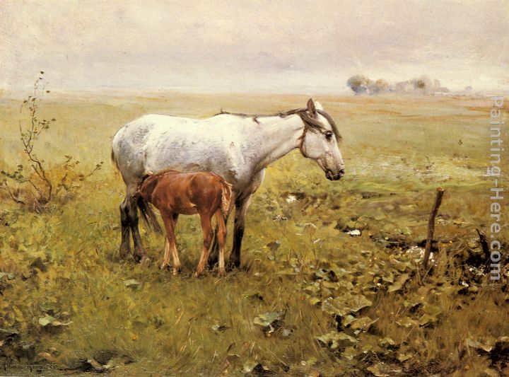 A Mare and her Foal in a Landscape painting - Alfred von Kowalski Wierusz A Mare and her Foal in a Landscape art painting